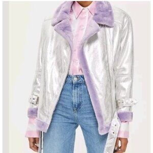 TOPSHOP woman's silver metallic shearling biker  jacket size 4 NWOT